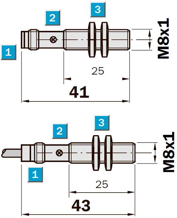 Конструктивная схема индуктивного датчика IME08 (2мм, укороченный, заподлицо)