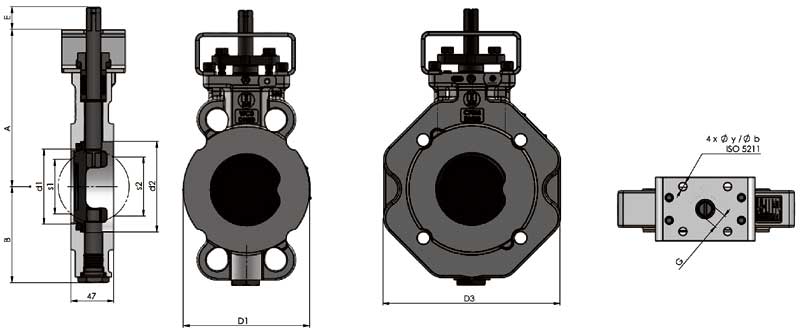 Габаритная схема №1 - затвор поворотный с двойным эксцентриком 2Е-5 ABO valve (DN 50-125 мм)
